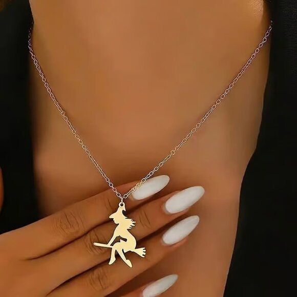 Gold WITCH Halloween Pendant Necklace - Picture 2 of 3